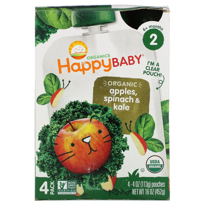 Happy Family Organics, Happy Baby, 6+ Months, Organic Apples, Spinach & Kale, 4 Pouches, 4 oz (113 g) Each