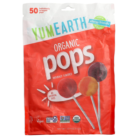 YumEarth, Organic Pops, Assorted Flavors, 50 Individually Wrapped Pops, 10.9 oz (310 g)
