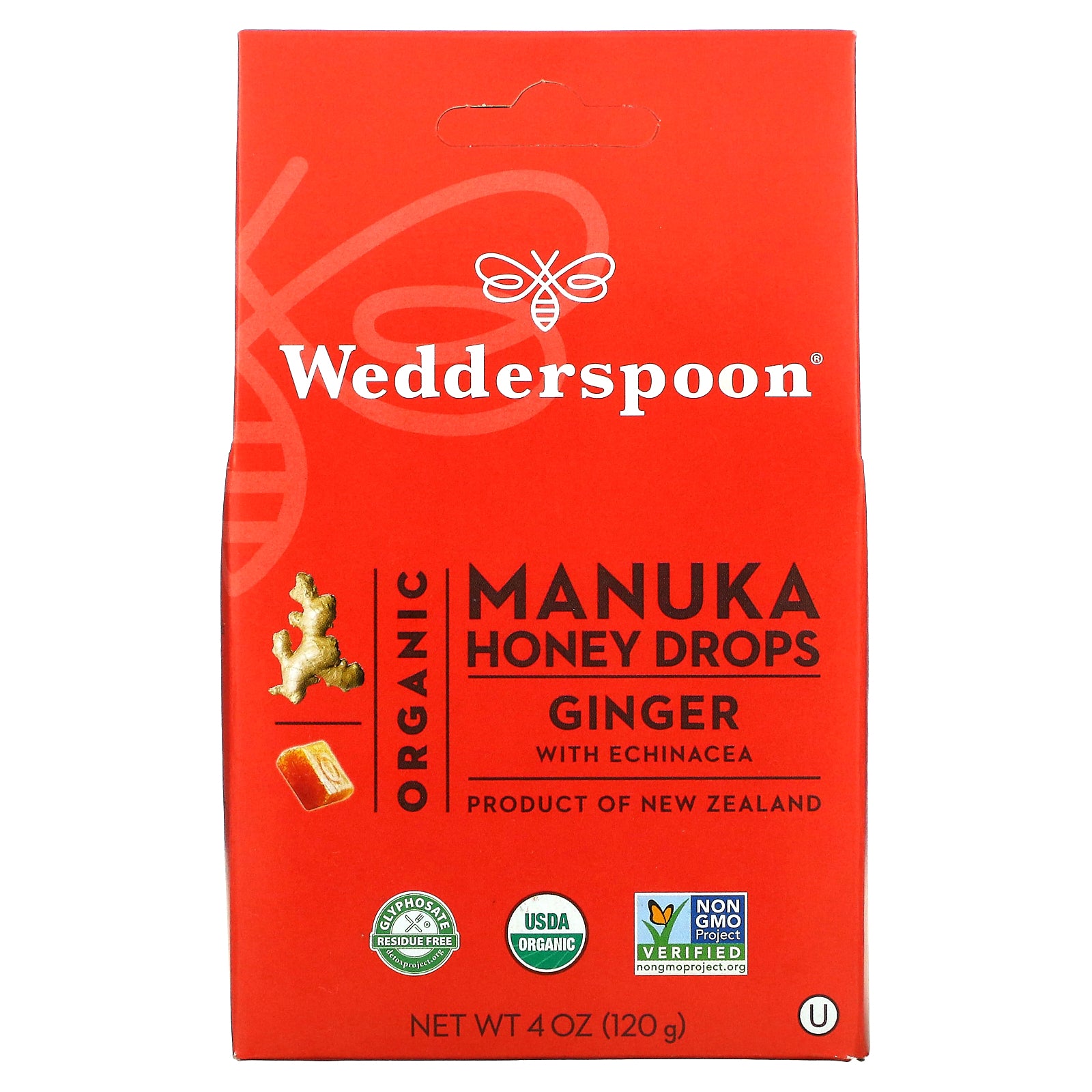 Wedderspoon, Organic Manuka Honey Drops, Ginger with Echinacea, 4 oz (120 g)