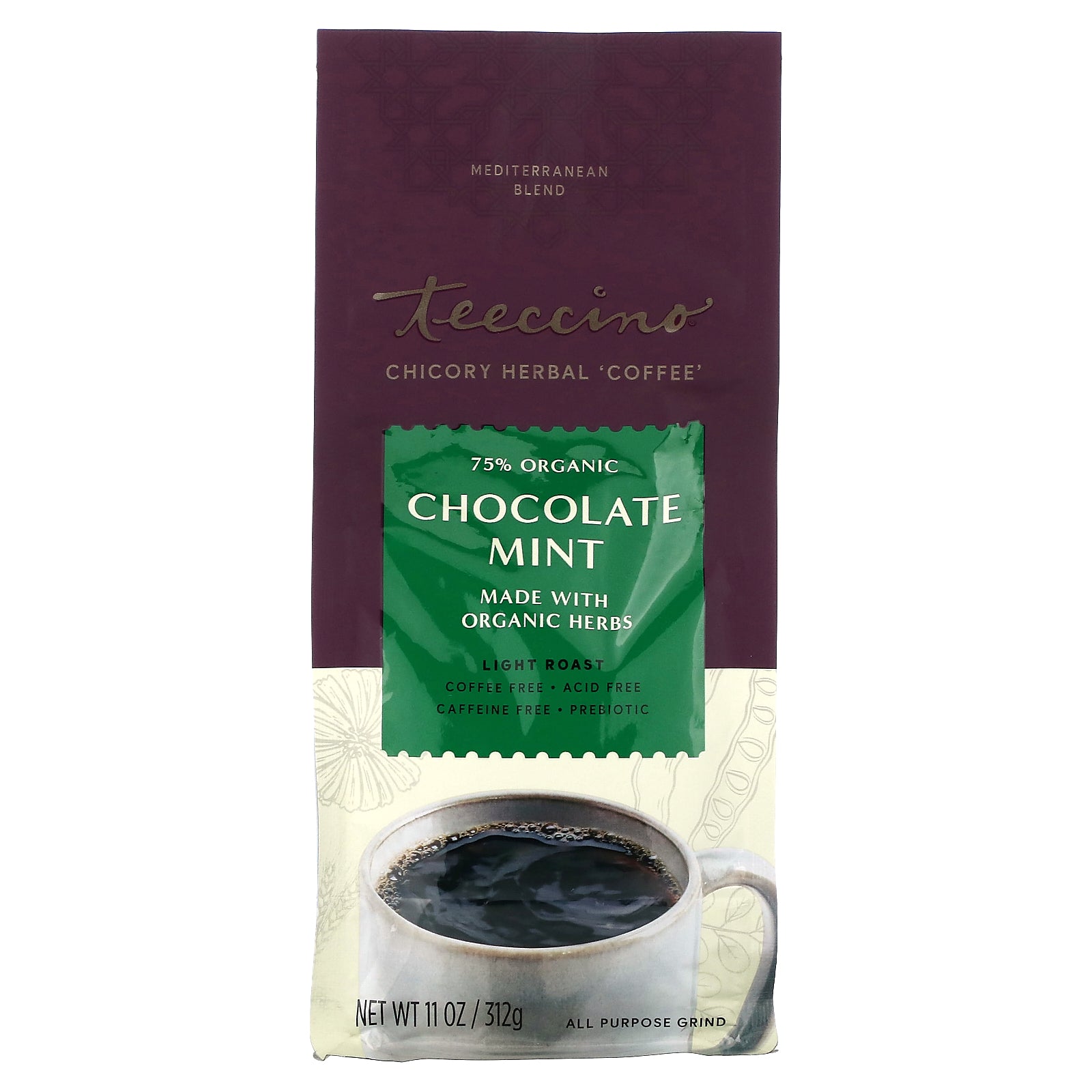 Teeccino, Organic Chicory Herbal 'Coffee', Chocolate Mint, Light Roast, Caffeine Free, 11 oz (312 g)