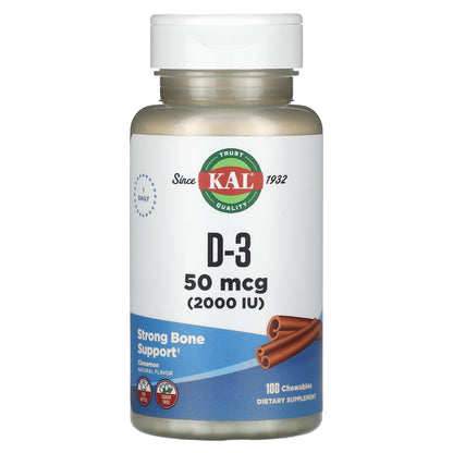 KAL, D-3, Cinnamon, 50 mcg (2,000 IU), 100 Chewables