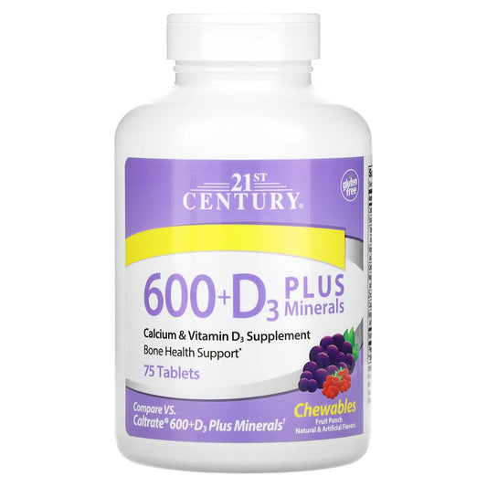 21st Century, 600 + D3 Plus Minerals, Fruit Punch, 75 Chewable Tablets