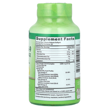 Nature's Truth, Triple Omega 3-6-9, Fish, Flax, Borage, 3,600 mg, 60 Quick Release Softgels (1,200 mg Per Softgel)