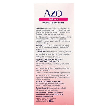 AZO, Boric Acid, Vaginal Suppositories, 600 mg, 30 Suppositories