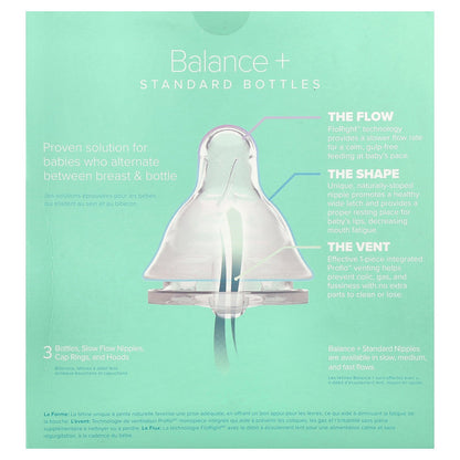 Evenflo Feeding, Balance+ Bottles, Standard, 0+ Months, Slow Flow, 3 Bottles, 9 oz (270 ml) Each