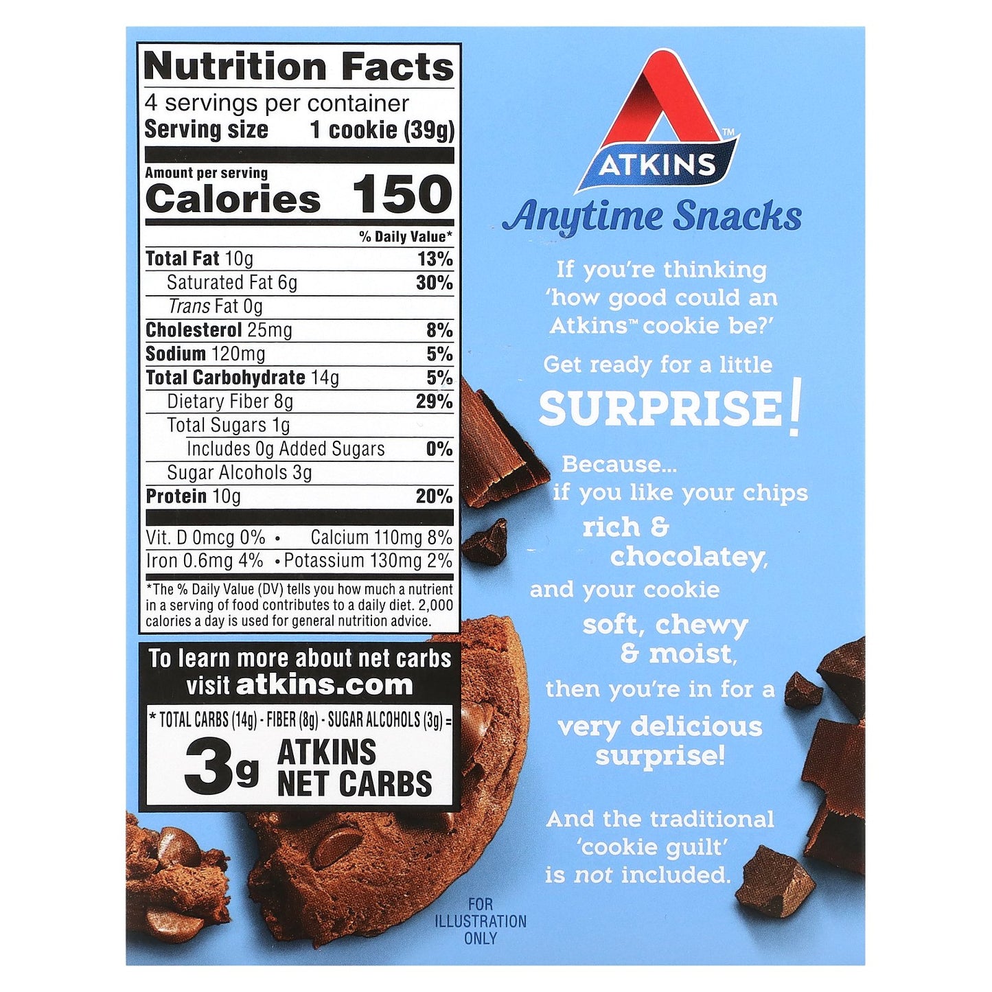 Atkins, Anytime Snacks, Protein Cookies, Double Chocolate Chip, 4 Cookies, 1.38 oz (39 g) Each