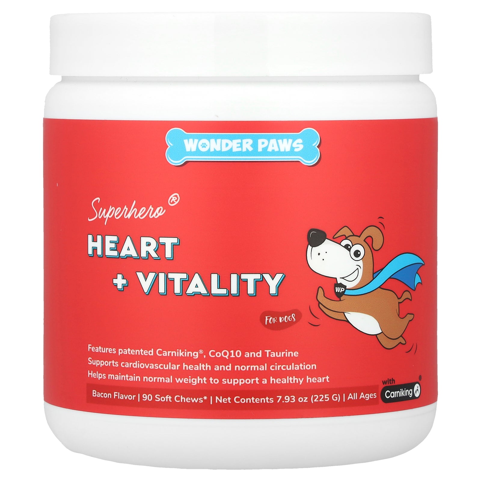 Wonder Paws, Superhero® Heart + Vitality Chews, For Dogs, All Ages, Bacon, 90 Soft Chews, 7.93 oz (225 g)