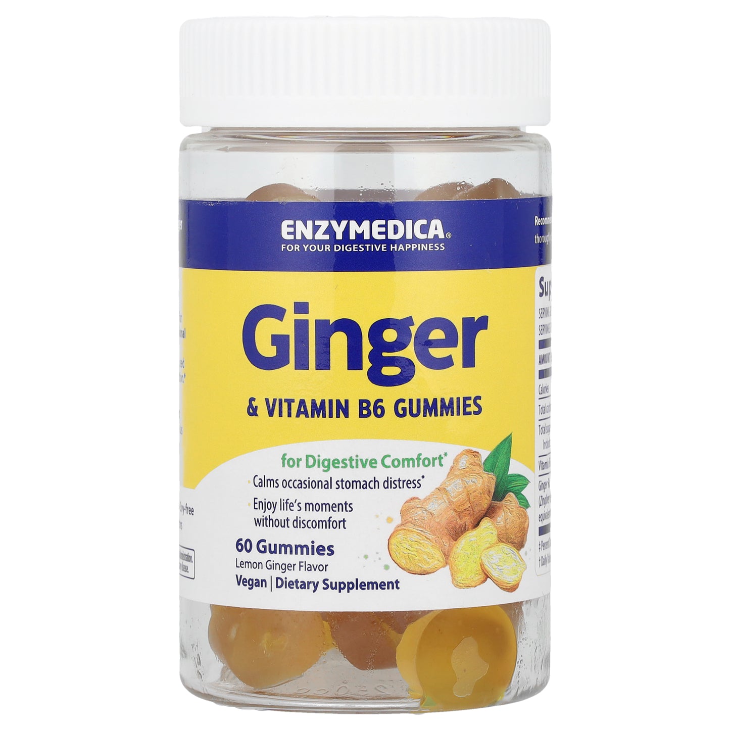 Enzymedica, Ginger & Vitamin B6 Gummies, Lemon Ginger, 60 Gummies
