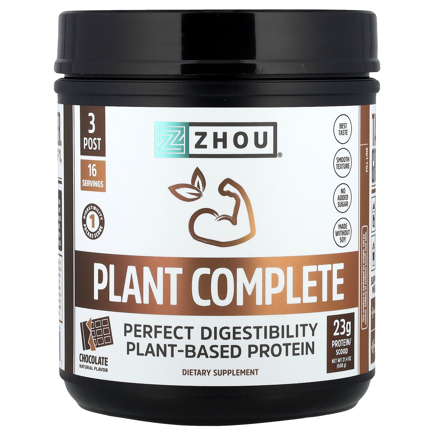 Zhou Nutrition, Plant Complete, Perfect Digestibility Plant-Based Protein, Chocolate, 21.4 oz (608 g)