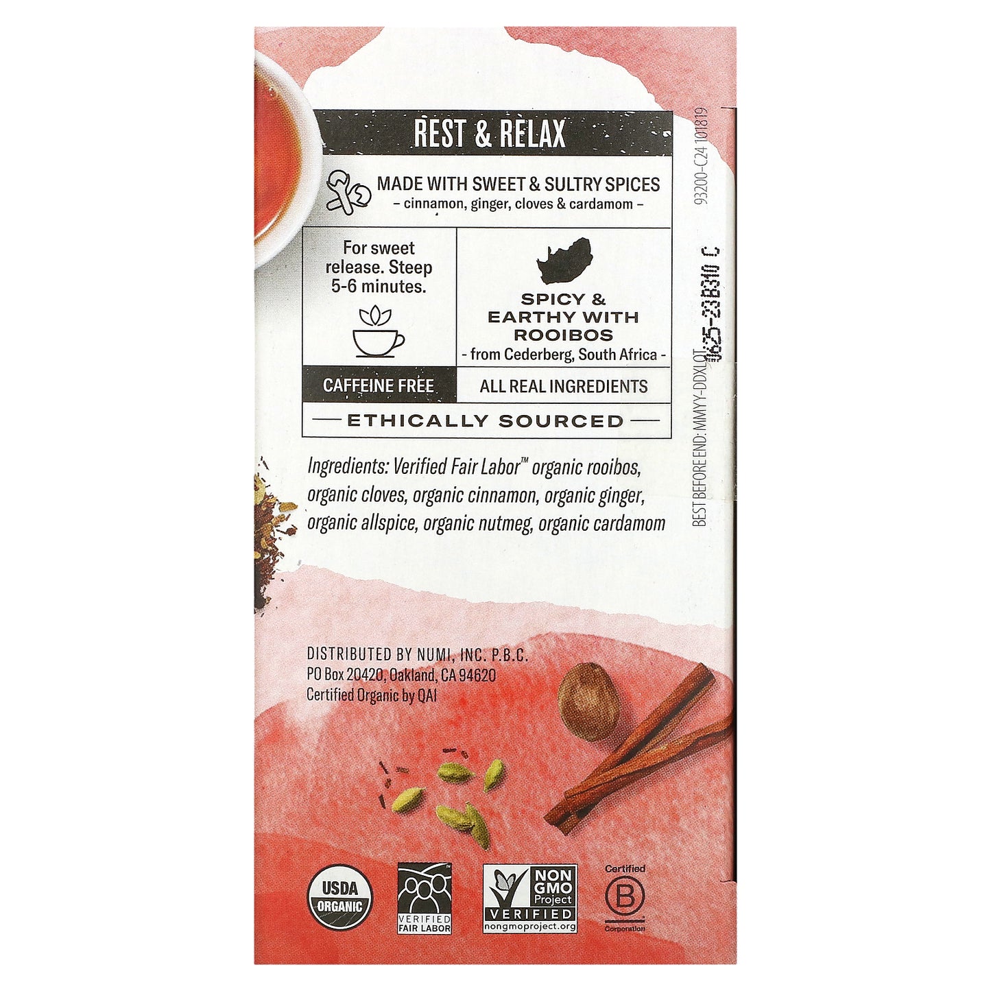 Numi Tea, Organic Herbal Teasan, Rooibos Chai, Caffeine Free, 18 Tea Bags, 1.71 oz (48.6 g)