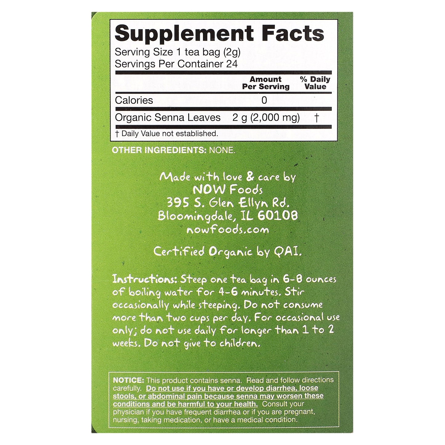 NOW Foods, Real Tea, Organic Senna Tea, Caffeine Free, 24 Tea Bags, 1.7 oz (48 g)