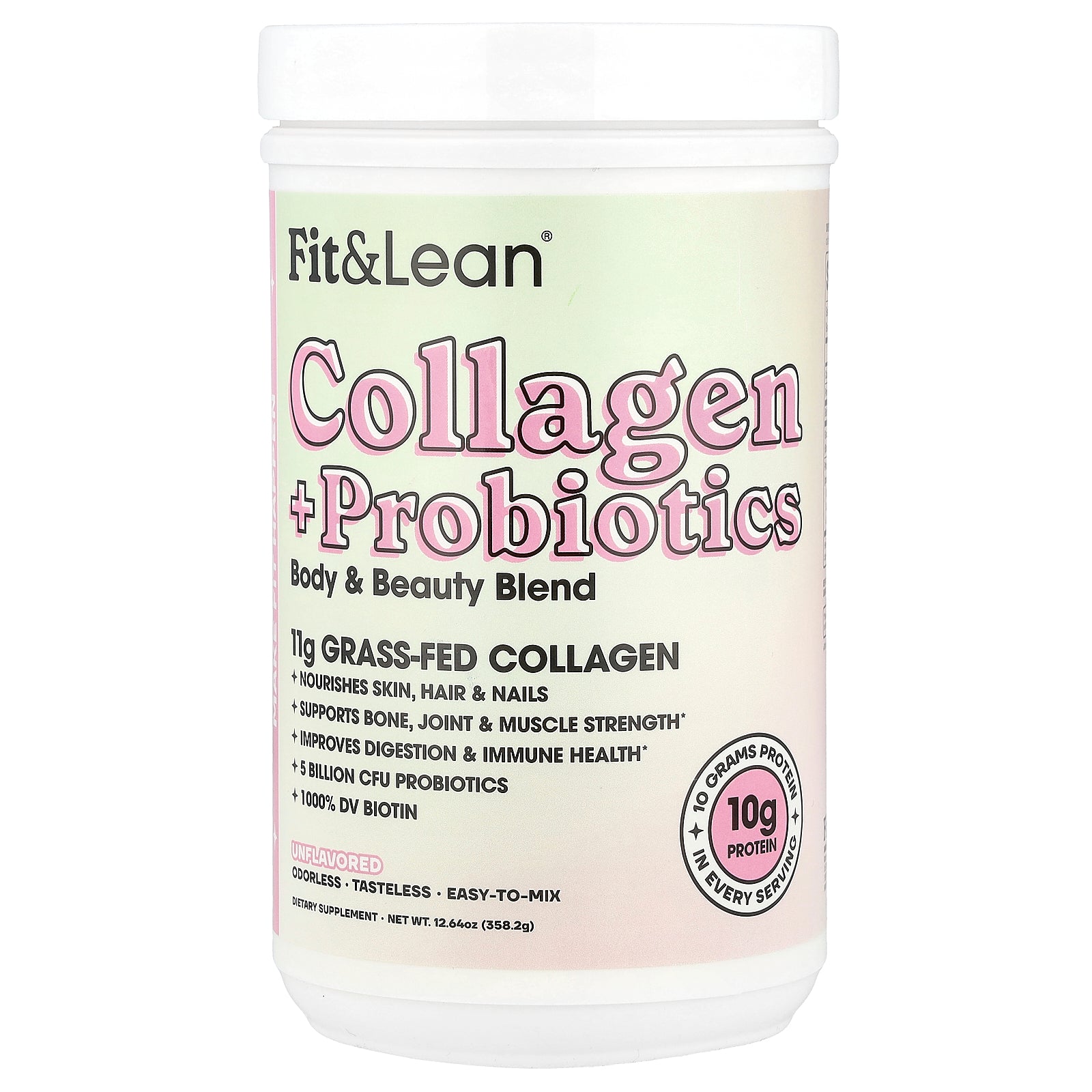 Fit & Lean, Collagen + Probiotics, Unflavored, 12.64 oz (358.2 g)