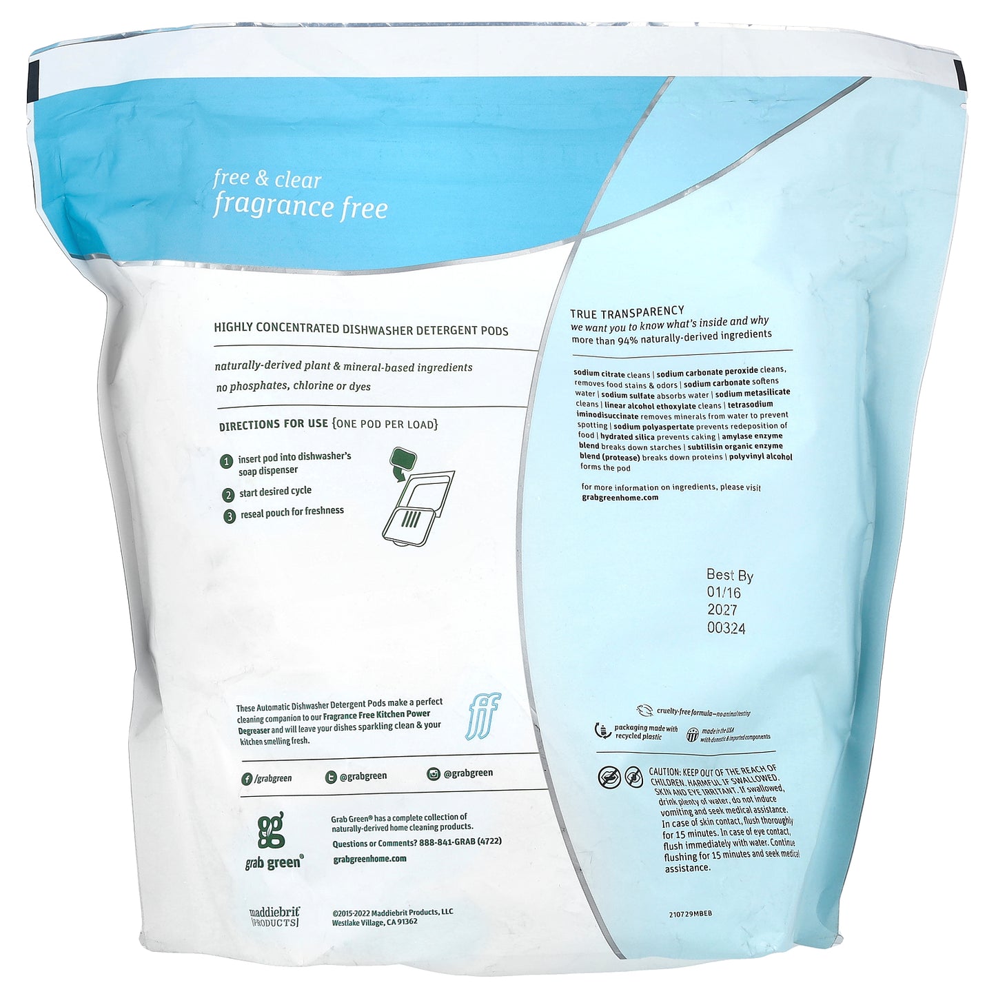 Grab Green, Automatic Dishwasher Powder Detergent Pods, Fragrance Free, 132 Loads, 5 lbs 4 oz (2,376 g)