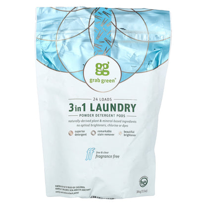 Grab Green, 3-in-1 Laundry Powder Detergent Pods, Fragrance Free, 24 Loads, 13.5 oz (384 g)