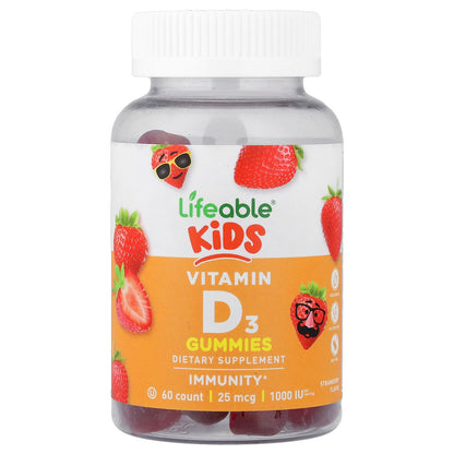 Lifeable, Kids Vitamin D3 Gummies, Strawberry, 25 mcg (1,000 IU), 60 Gummies