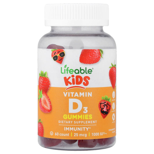 Lifeable, Kids Vitamin D3 Gummies, Strawberry, 25 mcg (1,000 IU), 60 Gummies