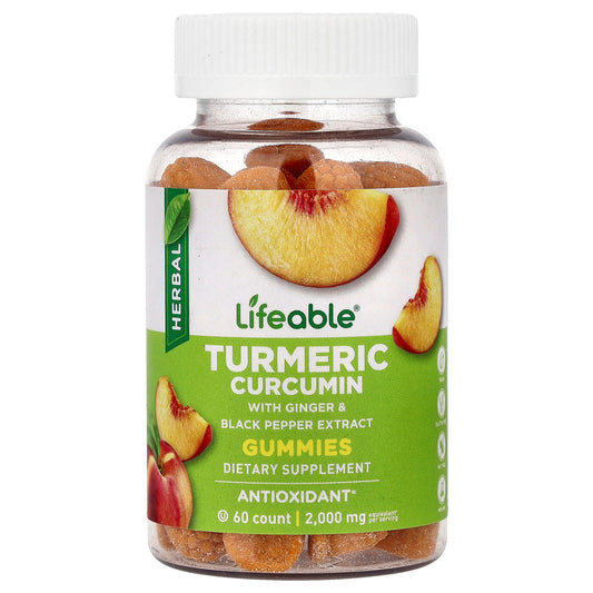 Lifeable, Turmeric Curcumin Gummies, Peach, 60 Gummies