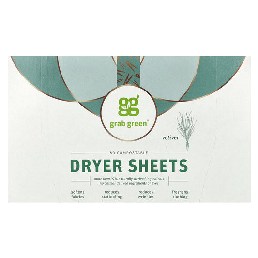 Grab Green, Dryer Sheets, Vetiver, 80 Compostable Sheets