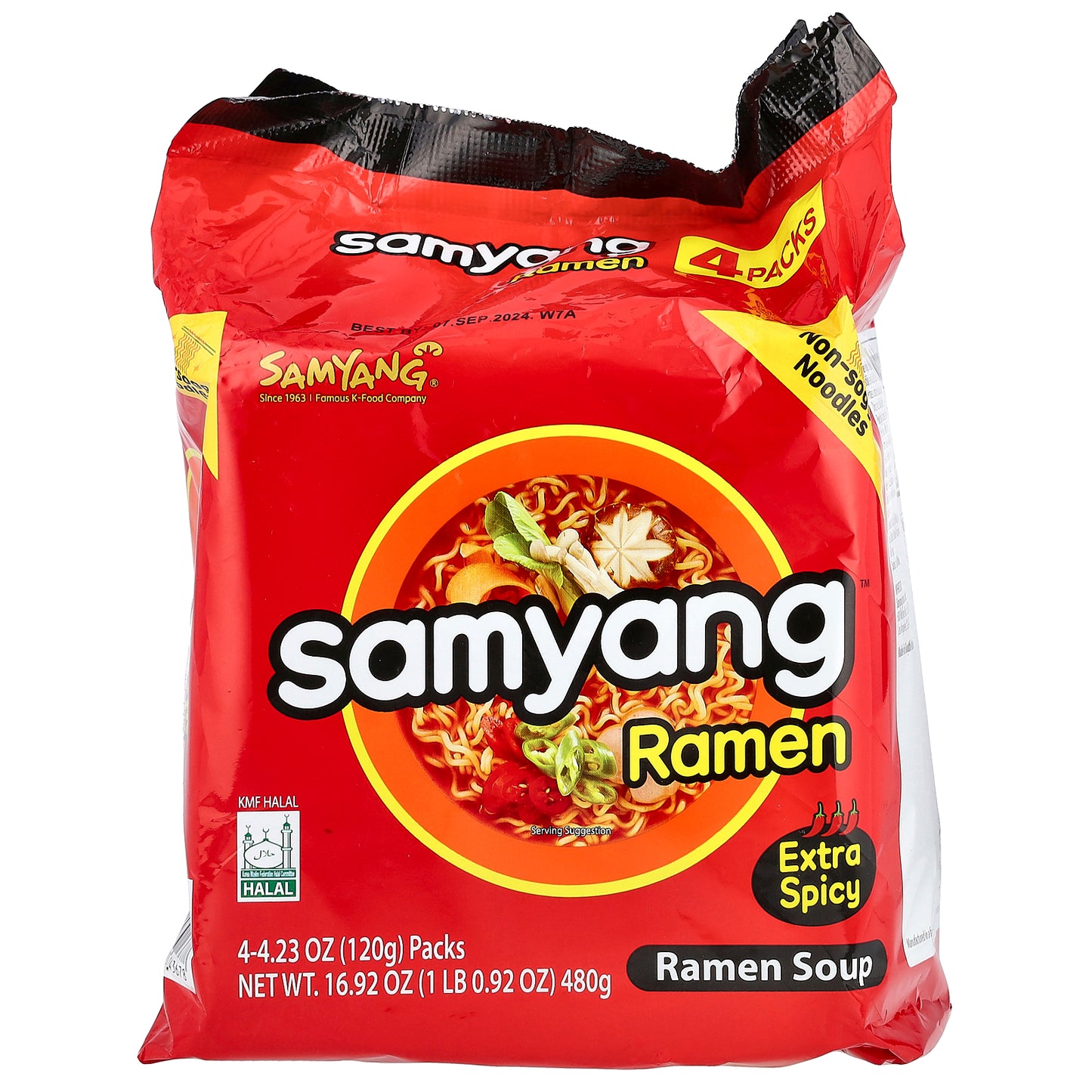 Samyang, Ramen Soup, Extra Spicy, 4 Packs, 4.23 oz (120 g) Each