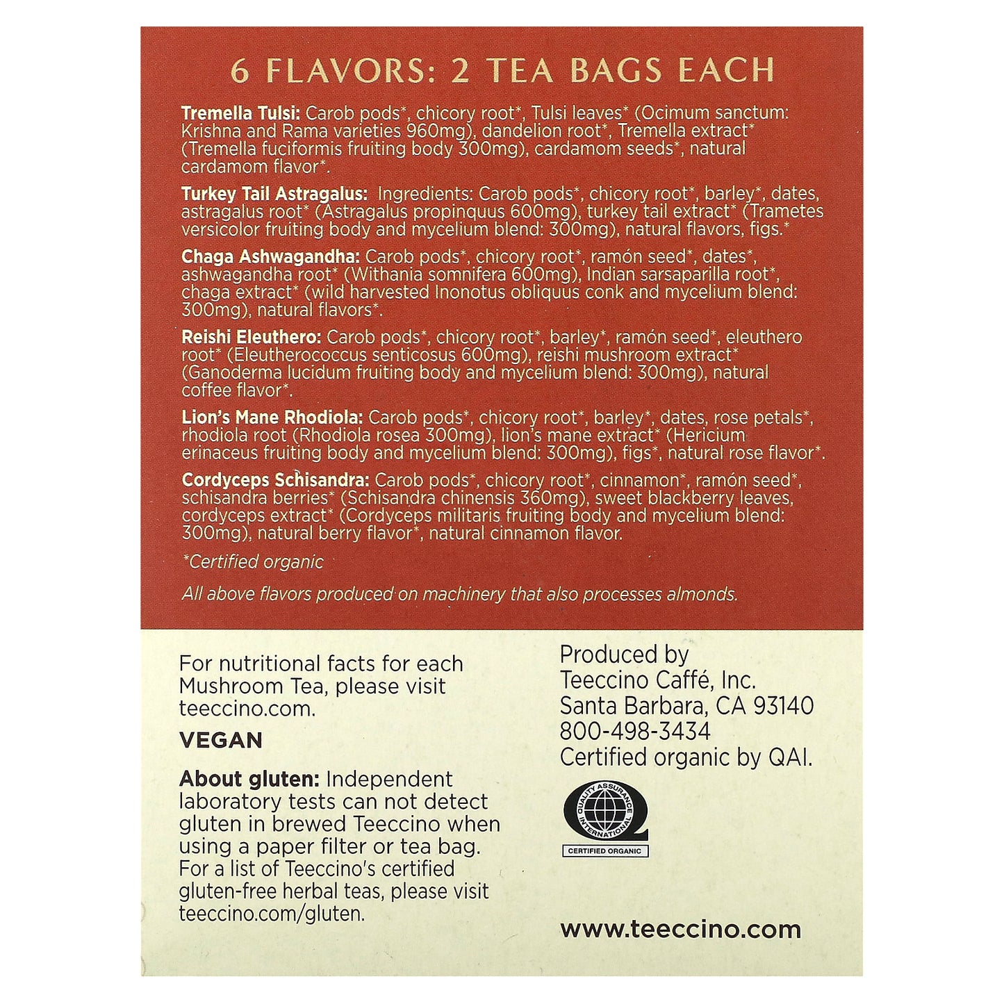 Teeccino, Mushroom Herbal Tea Sampler, 6 Flavors, Caffeine Free, 12 Tea Bags, 2.54 oz (72 g)