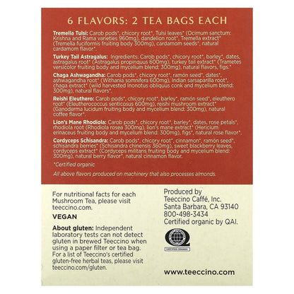 Teeccino, Mushroom Herbal Tea Sampler, 6 Flavors, Caffeine Free, 12 Tea Bags, 2.54 oz (72 g)