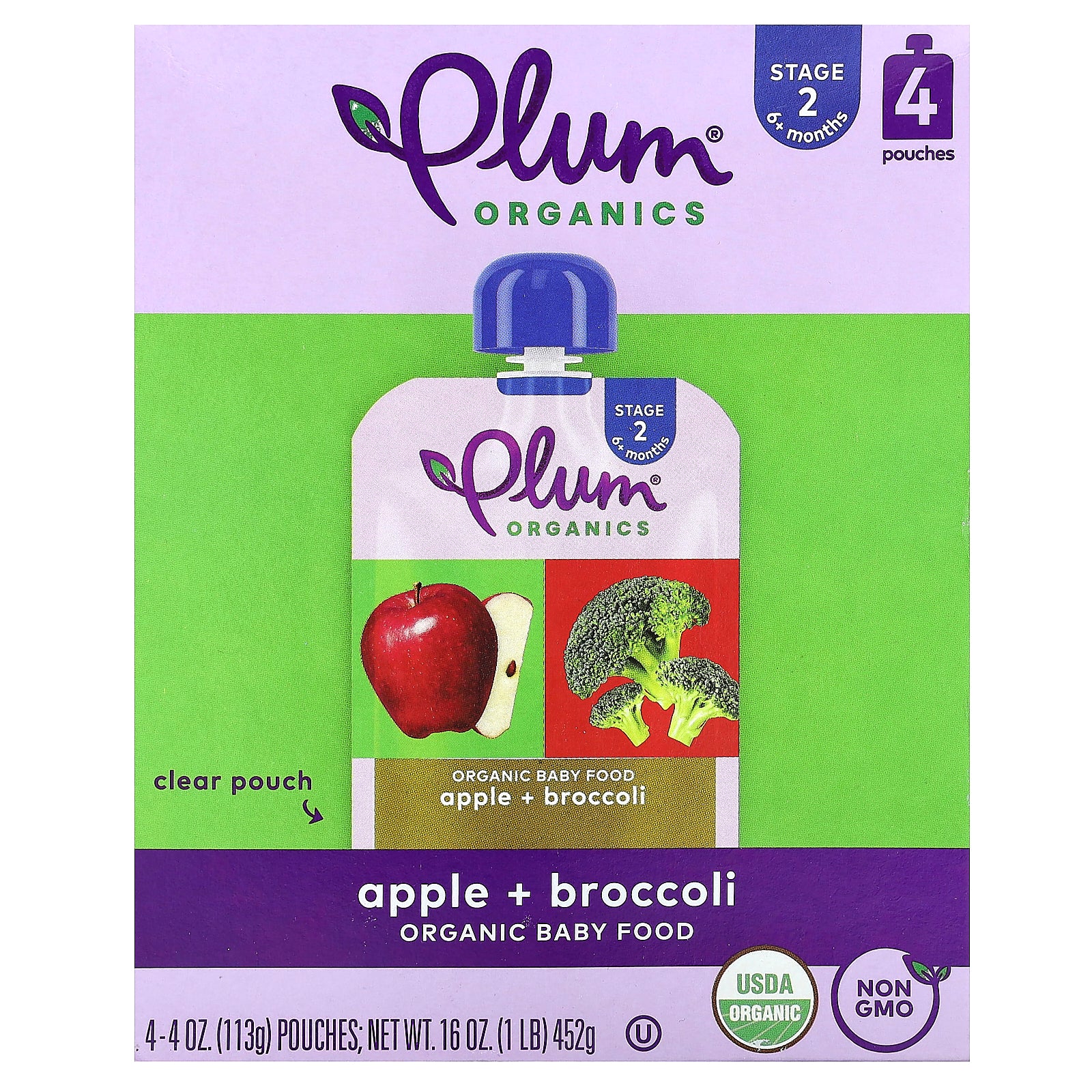 Plum Organics, Organic Baby Food, 6+ Months, Apple + Broccoli, 4 Pouches, 4 oz (113 g) Each