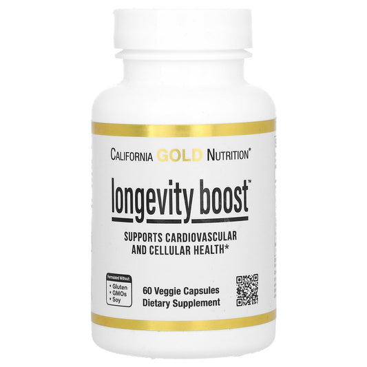 California Gold Nutrition, Longevity Boost with trans-Resveratrol, Olive Leaf Extract, Grape Extract Blend and Medium Chain Triglycerides, 60 Veggie Capsules