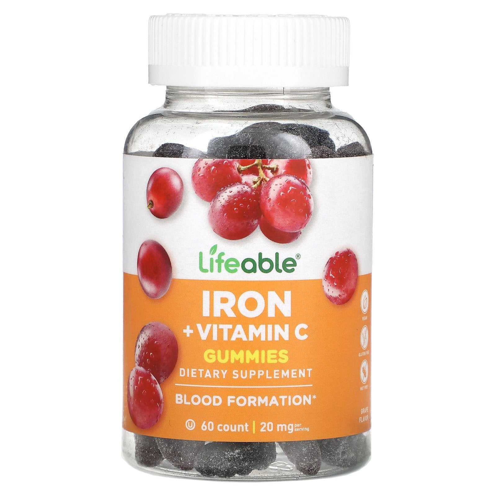 Lifeable, Iron + Vitamin C Gummies, Grape, 60 Gummies