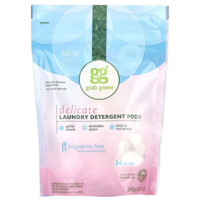 Grab Green, Delicate Laundry Detergent Pods, Fragrance Free, 24 Loads, 8.4 oz (240 g)