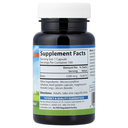 Carlson, Biotin, 5,000 mcg, 100 Capsules