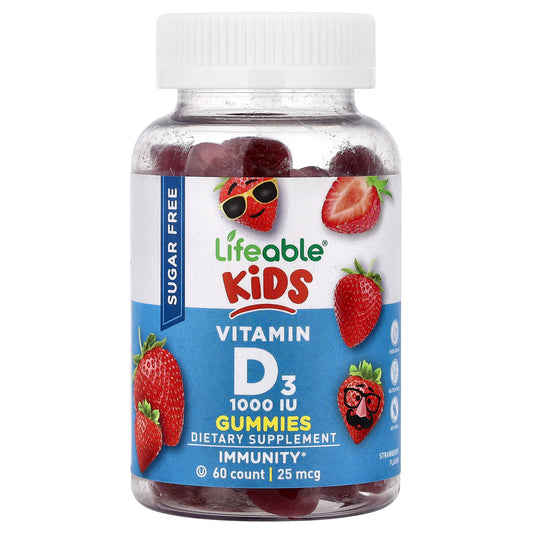 Lifeable, Kids Vitamin D3 Gummies, Sugar Free, Strawberry , 25 mcg (1,000 IU), 60 Gummies