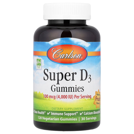 Carlson, Super D3 Gummies,  Natural Fruit, 100 mcg (4,000 IU), 120 Vegetarian Gummies (25 mcg (1,000 IU) per Gummy)