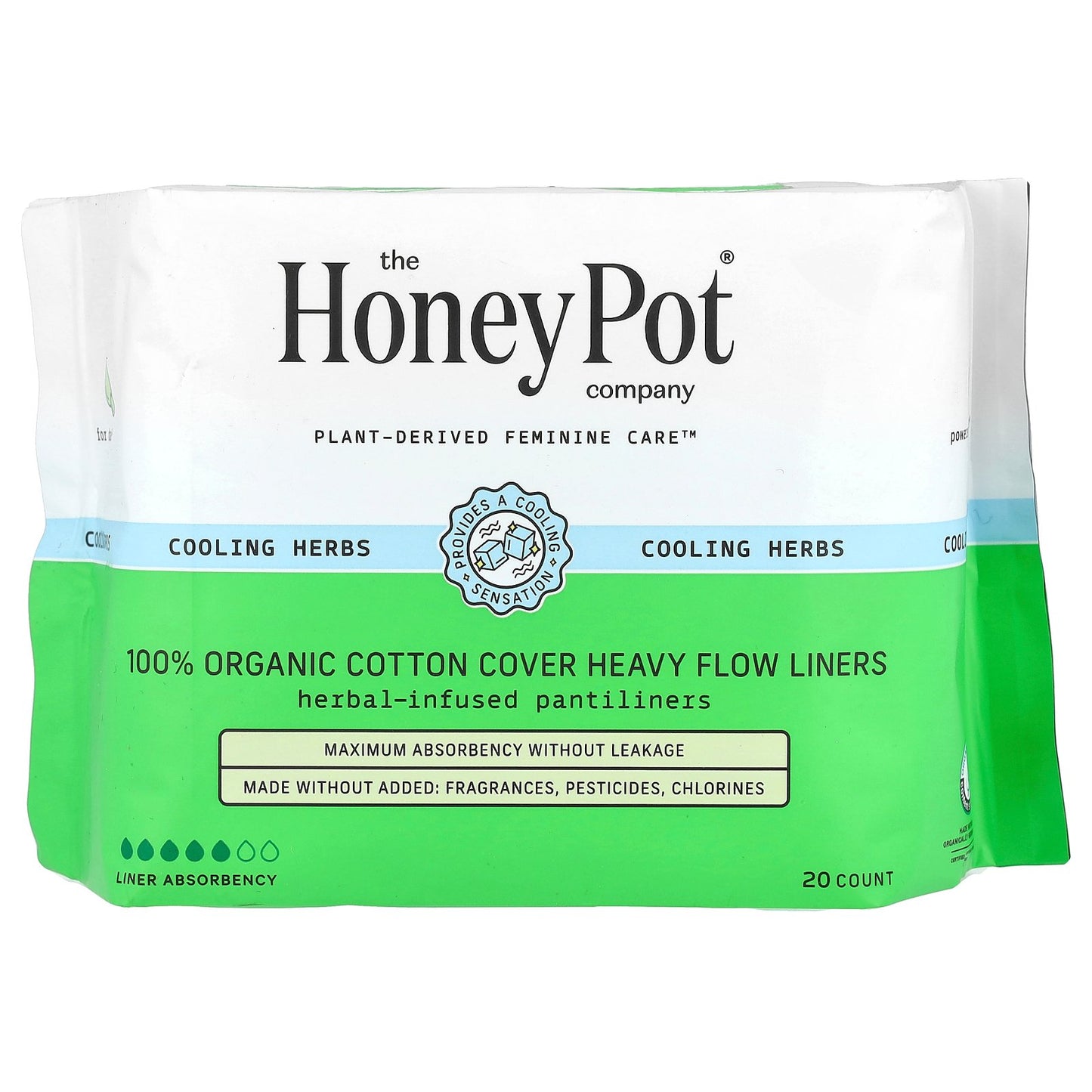 The Honey Pot Company, 100% Organic Cotton Cover Heavy Flow Liners, 20 Count