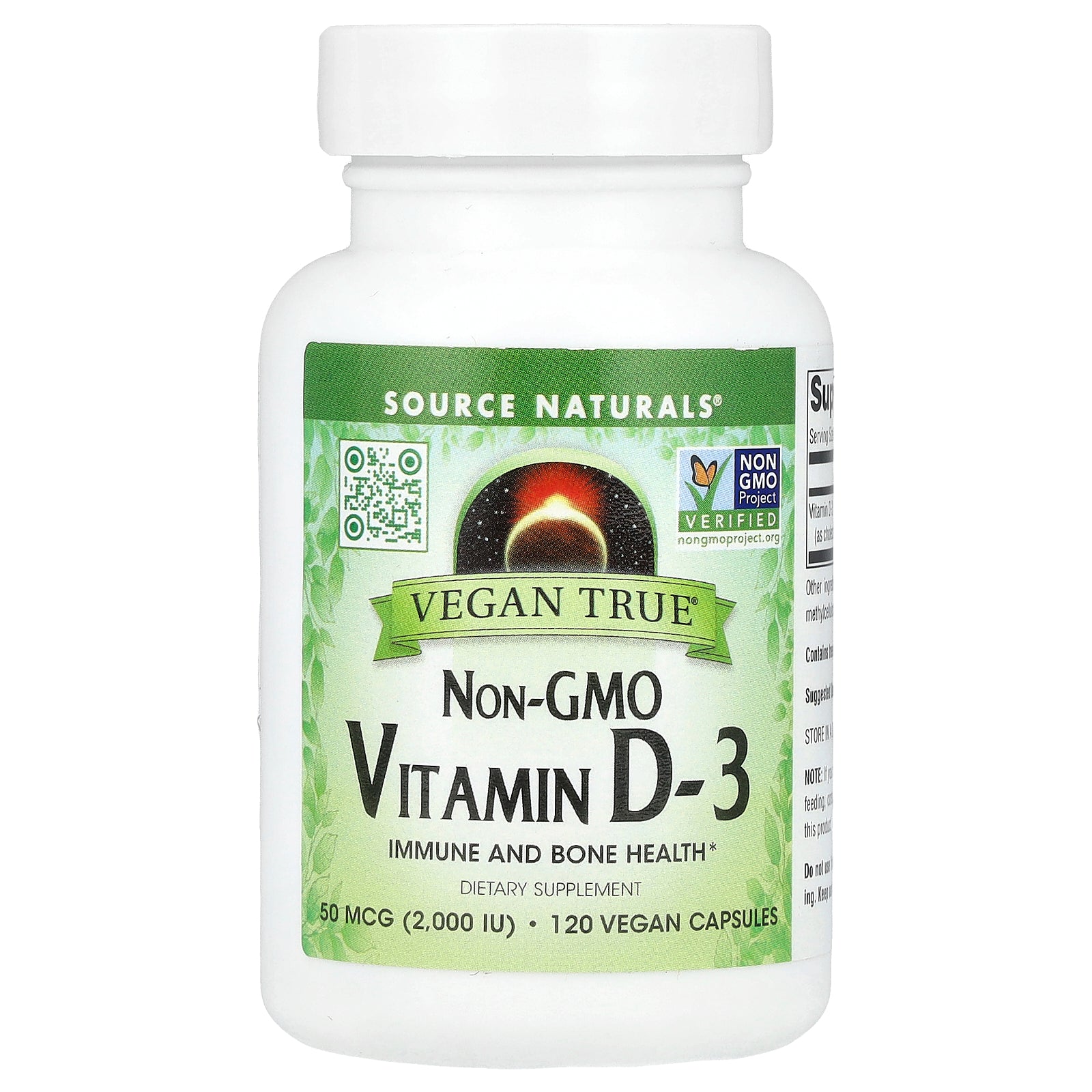 Source Naturals, Vegan True®, Non-GMO Vitamin D-3, 50 mcg (2,000 IU), 120 Vegan Capsules