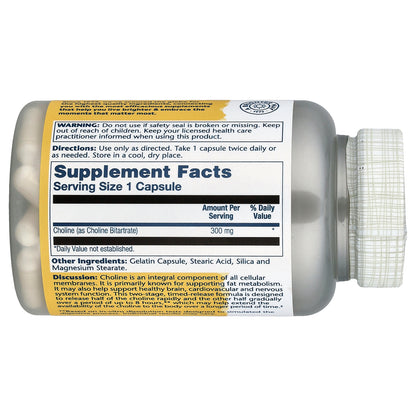 Solaray, Choline, Timed Release, 300 mg, 100 Capsules