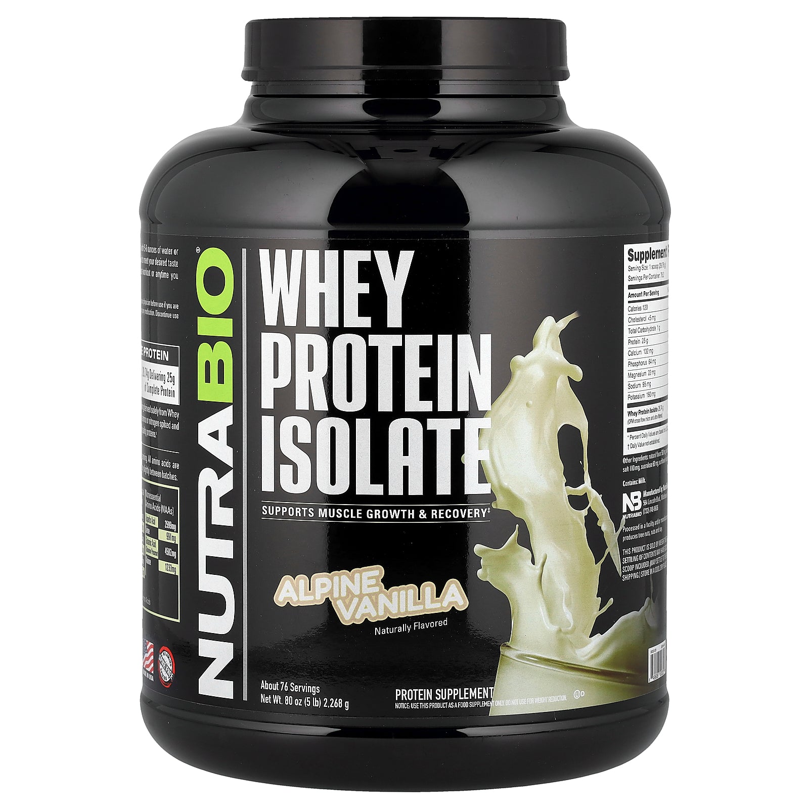 NutraBio, Whey Protein Isolate, Alpine Vanilla, 5 lb (2,268 g)
