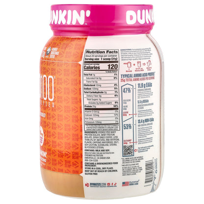 Dymatize, ISO100® Hydrolyzed, 100% Whey Protein Isolate, Dunkin’™ Cappuccino, 21.8 oz (610 g)