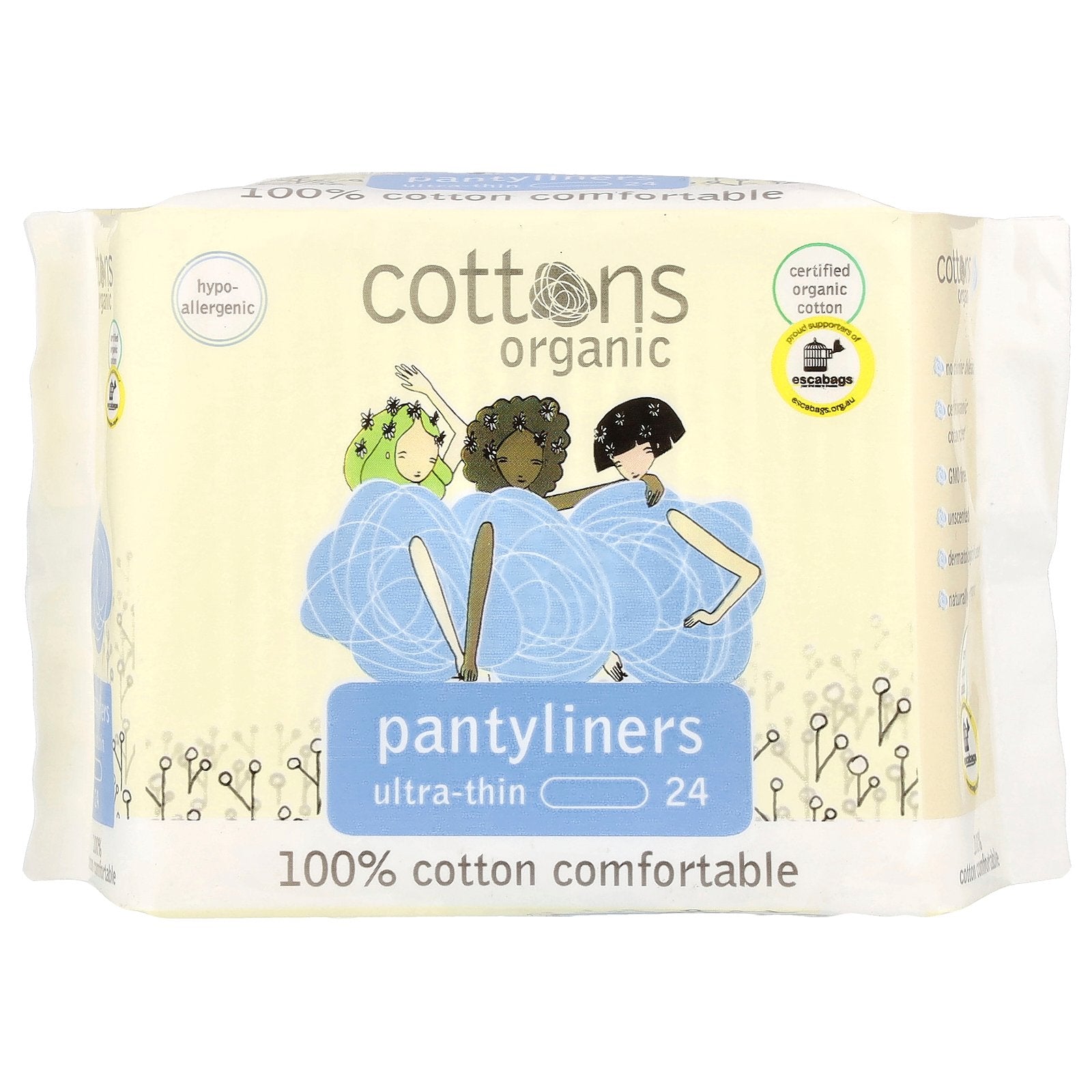 Cottons, 100% Cotton Comfortable, Pantyliners, Ultra-Thin, 24 Liners