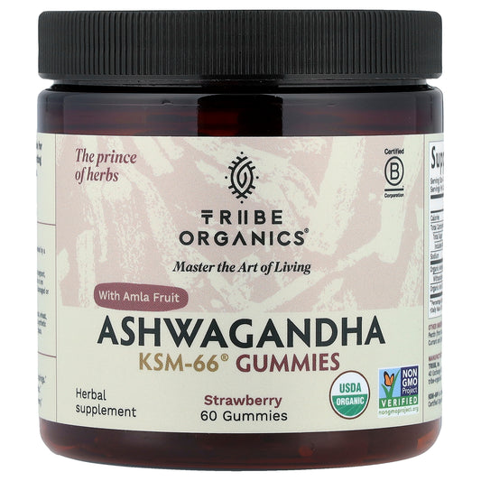 Tribe Organics, Ashwagandha KSM-66® Gummies with Amla Fruit, Strawberry, 60 Gummies