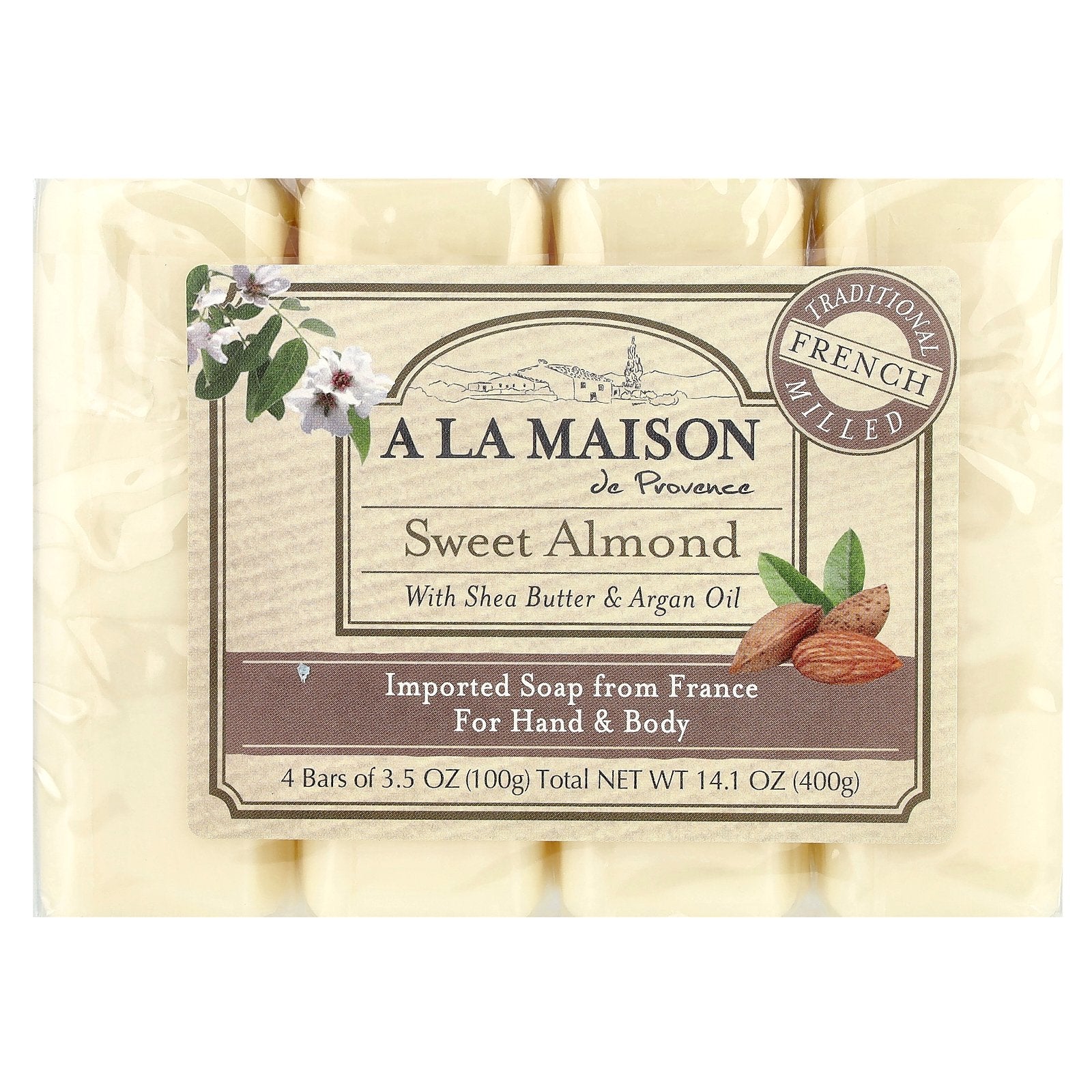 A La Maison de Provence, Hand & Body Bar Soap, Sweet Almond, 4 Bars, 3.5 oz (100 g) Each
