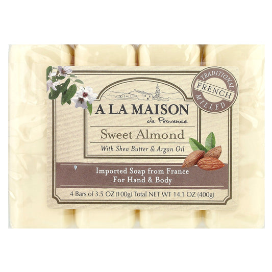 A La Maison de Provence, Hand & Body Bar Soap, Sweet Almond, 4 Bars, 3.5 oz (100 g) Each