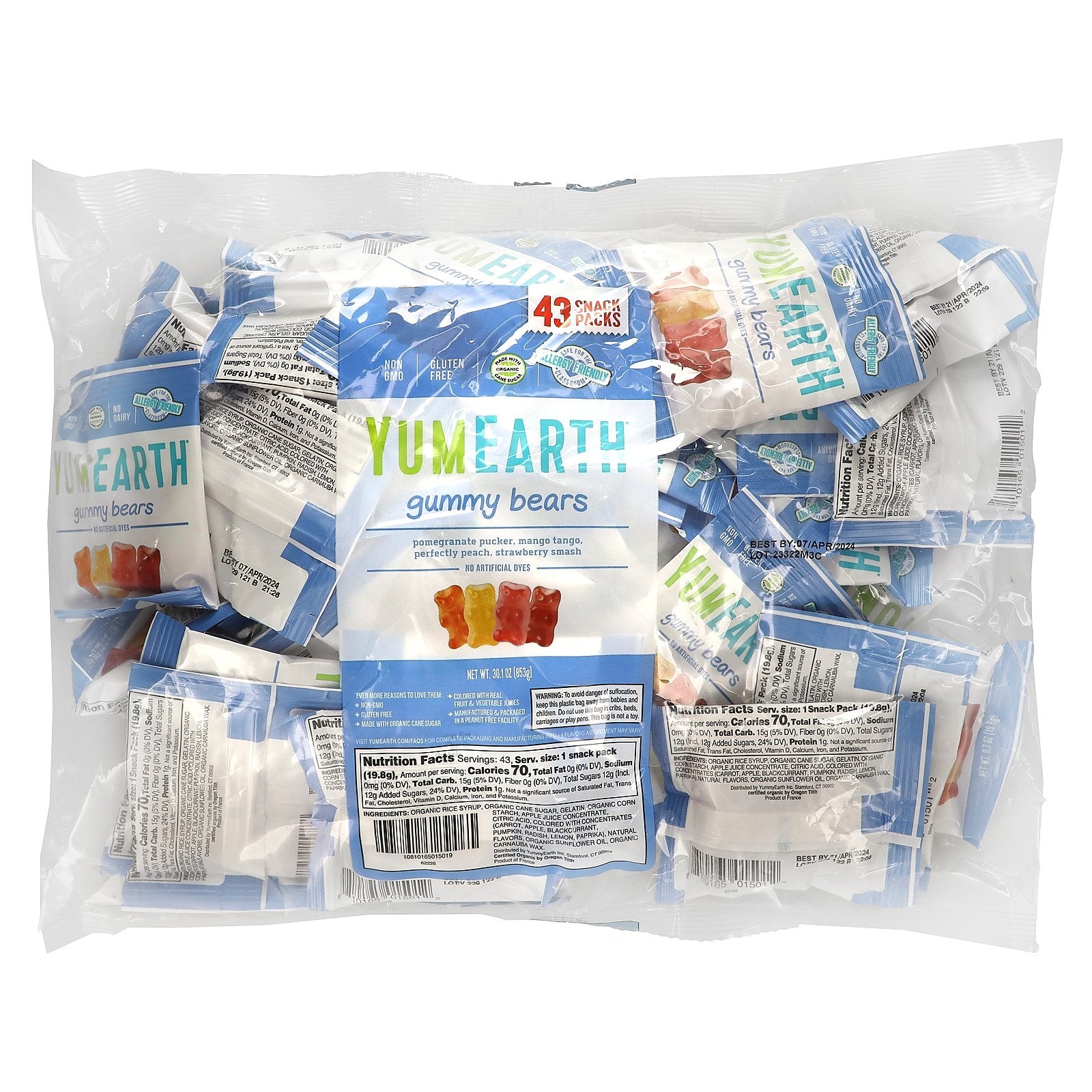 YumEarth, Gummy Bears, Assorted Flavors, 43 Packs, 0.7 oz (19.8 g) Each