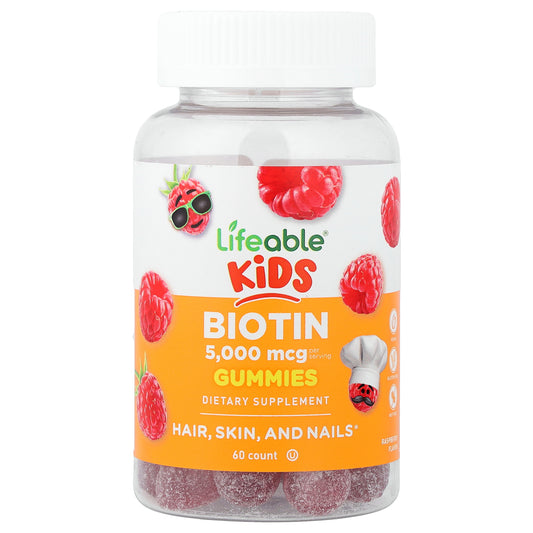 Lifeable, Kids Biotin Gummies, Natural Raspberry, 60 Gummies (2,500 mcg per Gummy)