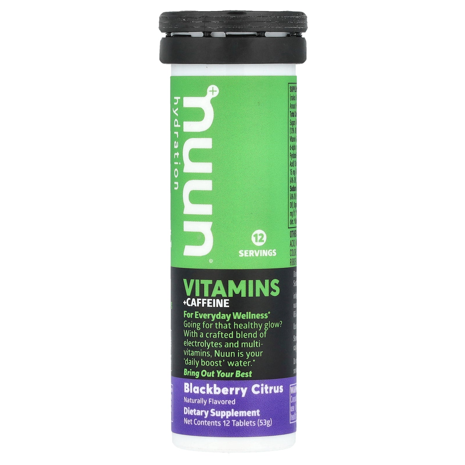 Nuun, Hydration, Vitamins + Caffeine, Effervescent Vitamin Supplement, Blackberry Citrus, 12 Tablets