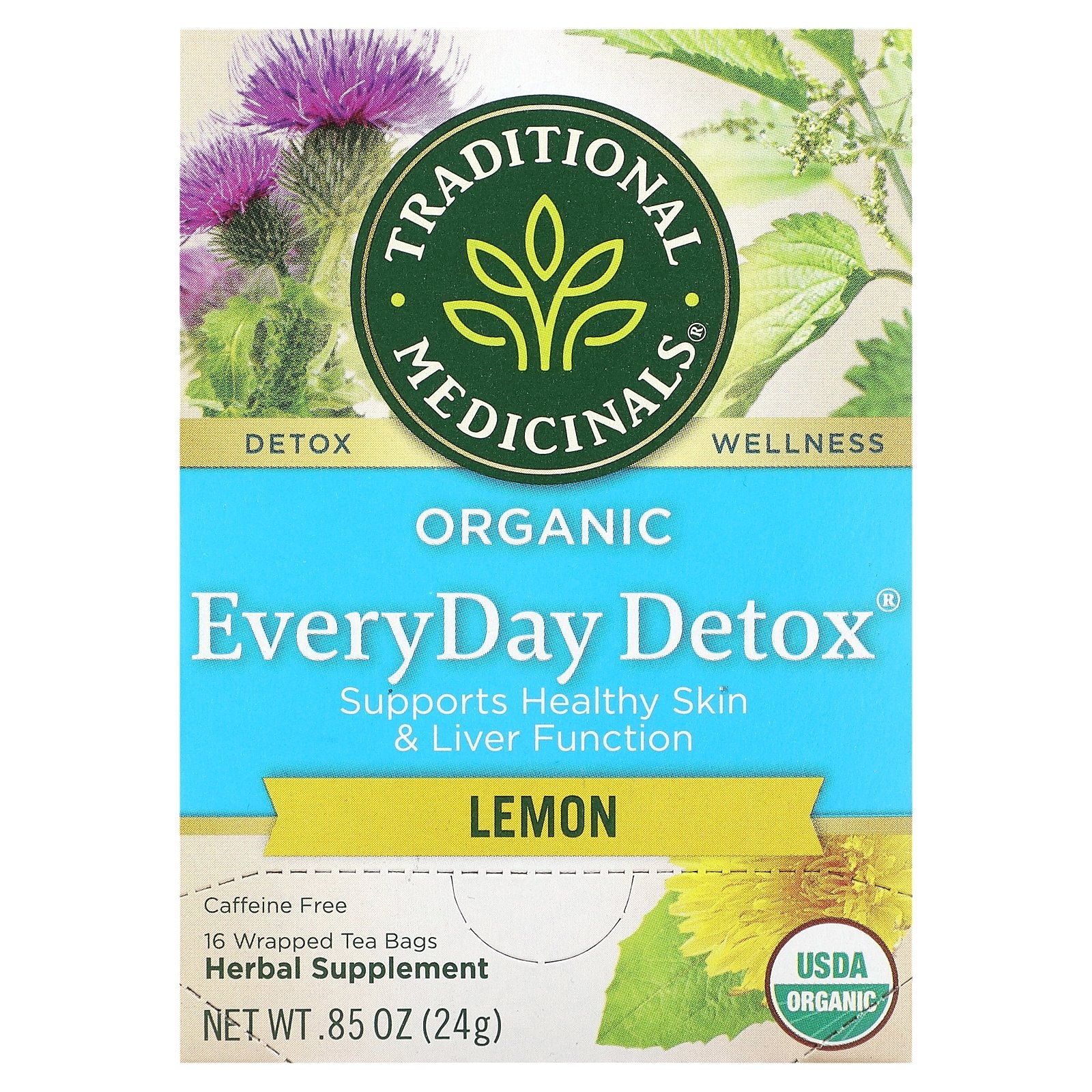 Traditional Medicinals, Organic EveryDay Detox®, Lemon, Caffeine Free, 16 Wrapped Tea Bags, 0.85 oz (24 g)
