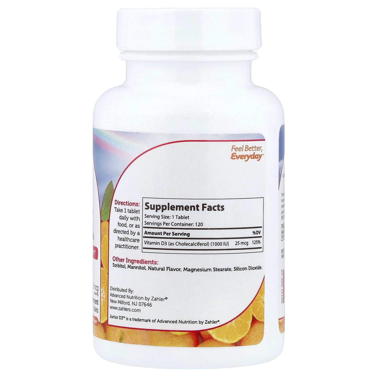 Zahler, Junior D3™, Children's Vitamin D3 Formula, Orange, 25 mcg (1,000 IU), 120 Chewable Tablets