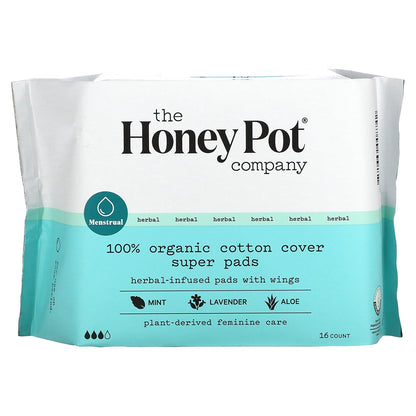 The Honey Pot Company, Organic Super Herbal-Infused Pads with Wings, 16 Count