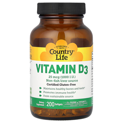 Country Life, Vitamin D3, 25 mcg (1,000 I.U.), 200 Softgels