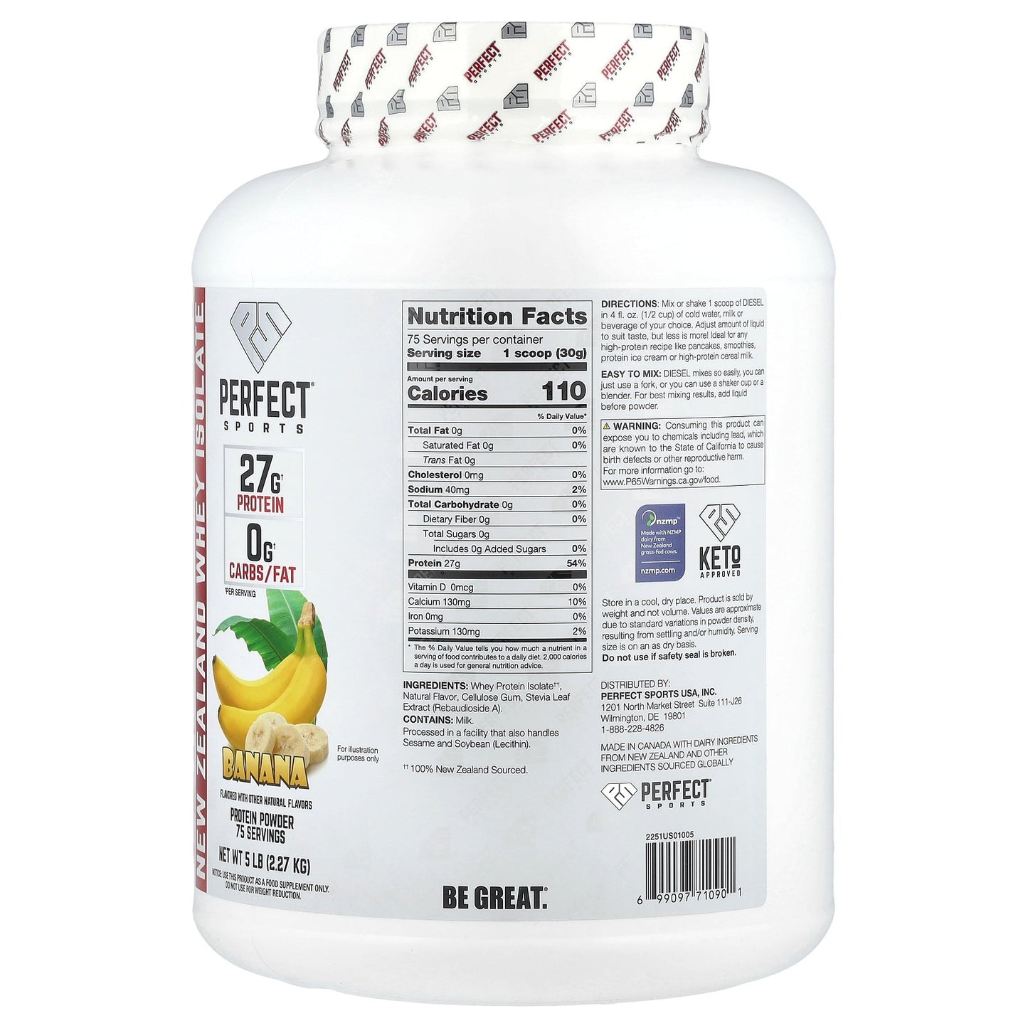 PERFECT Sports, Diesel®, New Zealand Whey Isolate, Banana, 5 lb (2.27 kg)