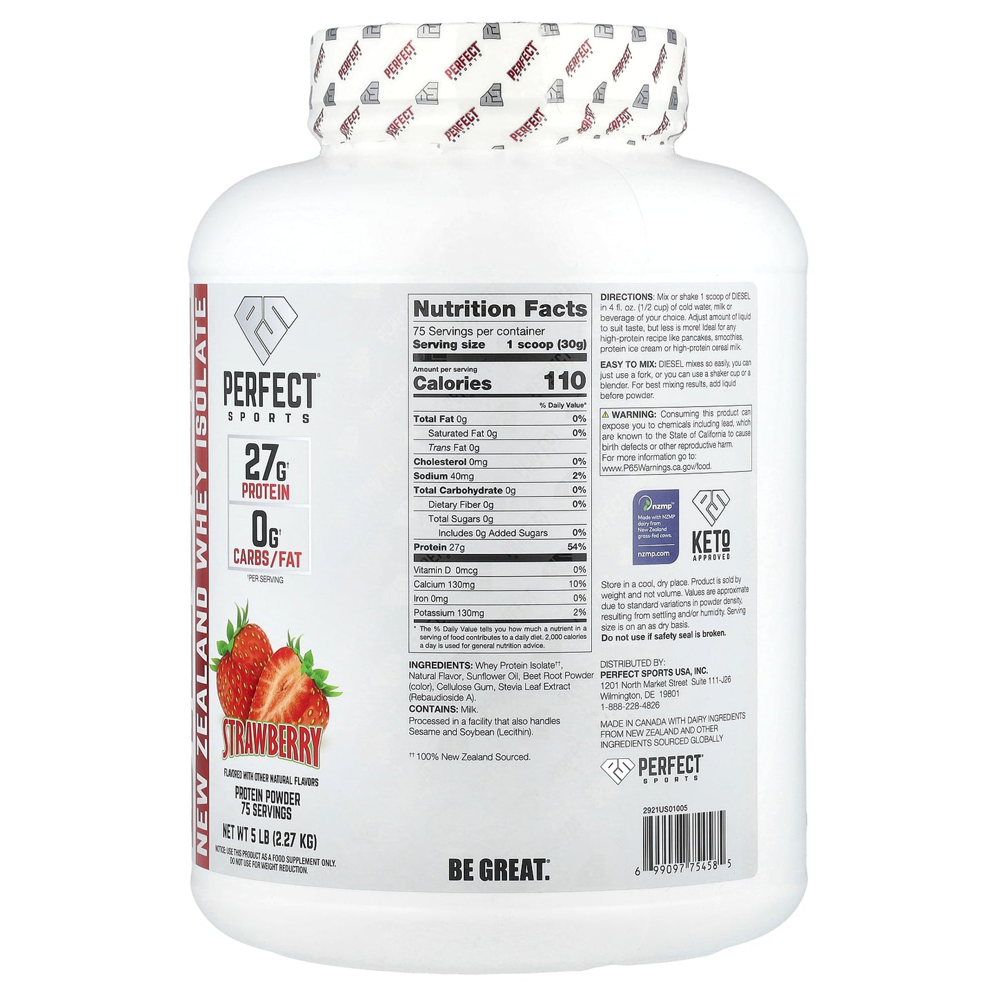 PERFECT Sports, Diesel®, New Zealand Whey Isolate, Strawberry, 5 lb (2.27 kg)
